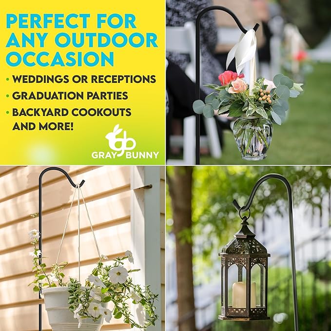 Gray Bunny Shepherds Hooks for Outdoor 35” 10 Pack, Thick Heavy Duty Bird Feeder Pole for Outside Yard, Hanging Plant Stand, Non-Hollow, Non-Adjustable, Extra Long Base Prongs for Backyard Wedding-VerdiqueGarden