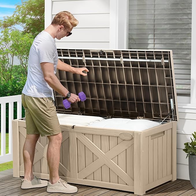 YITAHOME 120 Gallon Large Deck Box, Upgraded Resin Outdoor Storage Boxes w/Flexible Divider, Waterproof Cushion Storage Bench for Patio Furniture, Pool Supplies, Garden Tools - Lockable, Taupe-VerdiqueGarden