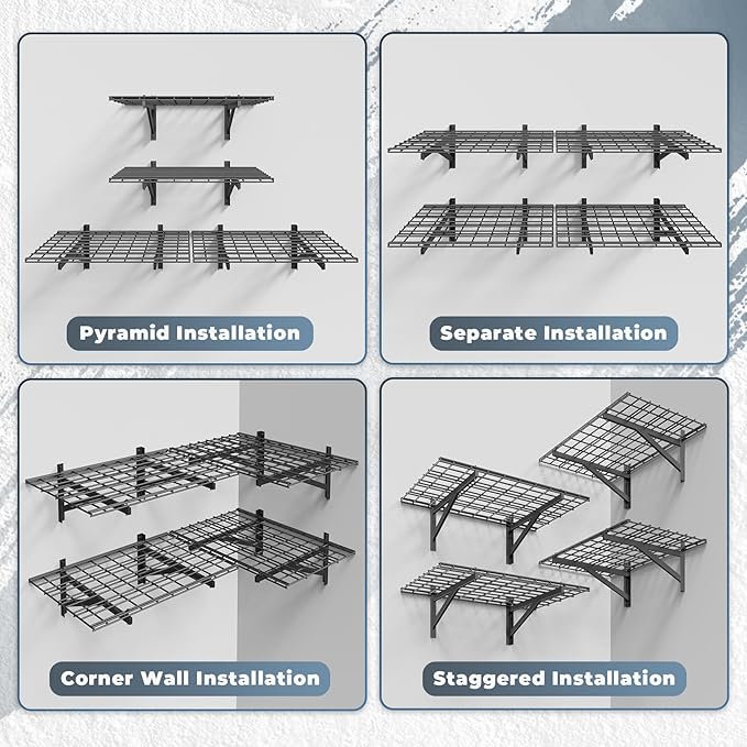 4 Pack Heavy Duty Garage Wall Shelving Set (2x3ft), Wall Mounted Garage Shelves 1000lbs Capacity, 24"x72" Shelf Storage Rack Floating Shelves, Black-VerdiqueGarden