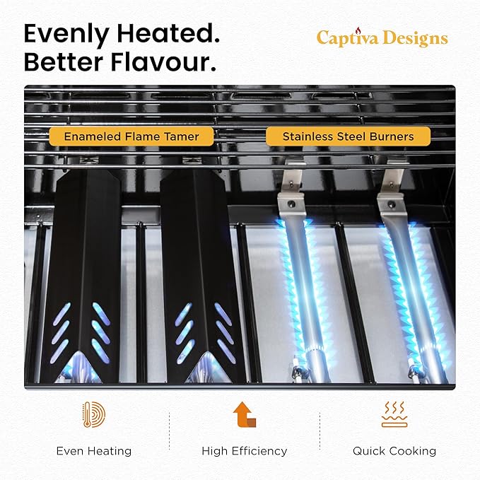 Captiva Designs 6-Burner Propane Gas BBQ Grill with Side Burner & Porcelain-Enameled Cast Iron Grate and Plate for Outdoor Barbucue Events, 52,000 BTU Output,740 SQ.IN. Cooking Area，Heavy Duty-VerdiqueGarden