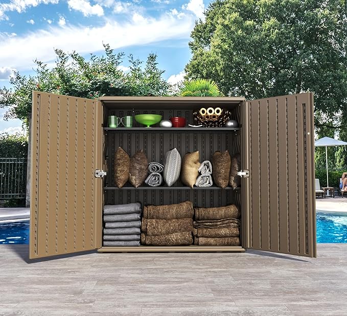 HOMSPARK Indoor/Outdoor Storage Cabinet with Doors and Shelf, 34”x16”x36” HDPE Plastic Storage Box for Bedroom, Bathroom, Living Room, Balcony, Multi-Purpose for Toys, Kitchen Tools, Coffee-VerdiqueGarden