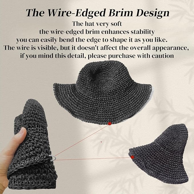 Floppy Big Beach Straw Hats for Women Foldable Summer Wide Brim Packable Sun Hat Womens Travel Straw Fedora Hat-VerdiqueGarden