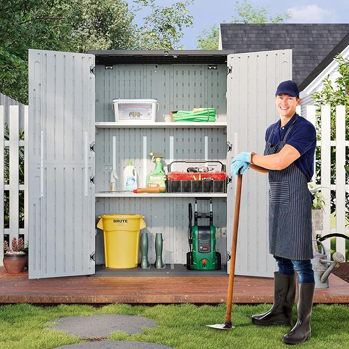 Aoxun White Resin Outdoor Storage Shed with 2 Shelves & Floor, 64 Cu.Ft Vertical Waterproof Cabinet for Garage, Pool, Bike, Garden Tools, Patio Furniture-VerdiqueGarden