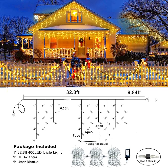 Icicle Lights for Outside, 33FT 400 LED Christmas Lights Outdoor Indoor with 8 Modes Waterproof, Connectable Plug in String Hanging Light for House Roof Yard Wedding Holiday Decor, Warm White-VerdiqueGarden
