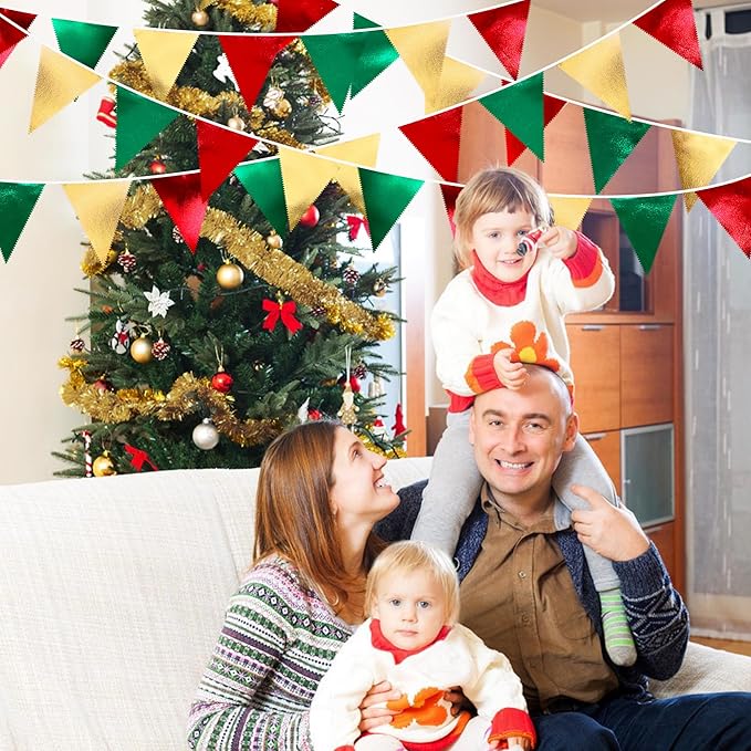 Christmas Party Decorations Triangle Pennant Banner Flag Red Green Gold Metallic Fabric Bunting Garland for Xmas Holiday Wedding Bridal Shower Birthday Bachelorette Graduation New Year Party Supplies-VerdiqueGarden