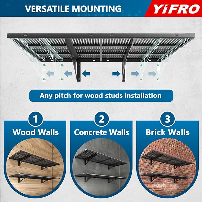 4-Pack 1.5x4ft Heavy Duty Garage Wall Shelving, 1000 lbs Load Capacity, Garage Shelving Wall Mounted, Garage Storage Rack with Hooks, Black-VerdiqueGarden