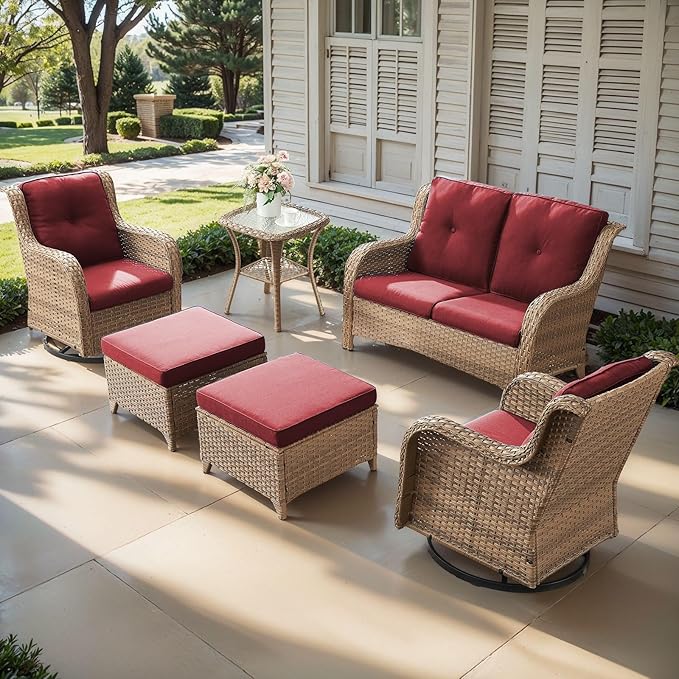 Outdoor Wicker Patio Furniture Set - 6 Piece Rattan Patio Conversation Set with 2 Rocking Swivel Chairs,2 Ottomans,1 Loveseat and 1 Side Table for Porch Deck Backyard Garden(Yellow/Red)-VerdiqueGarden