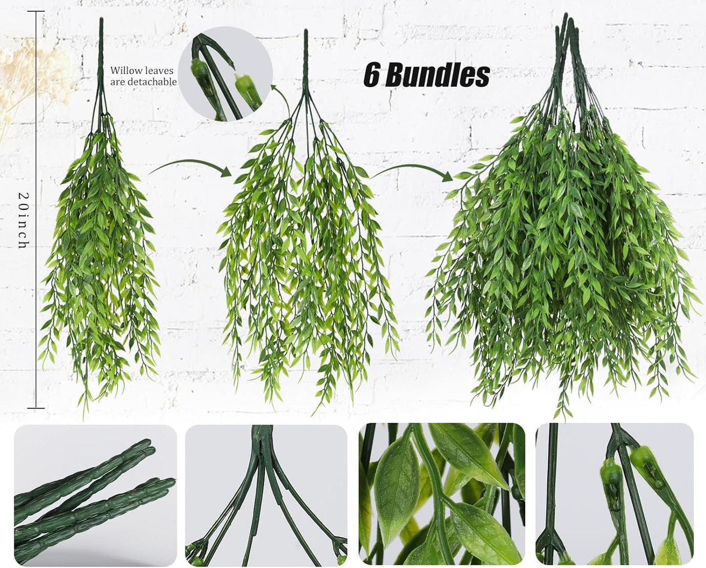 RECUTMS Artificial Weeping Willow 6Pcs,Plastic Leaves Twig Plants Greenery Fake Hanging Ivy Garland UV Resistant for Indoor Outdoor Home Garden Wall Baskets Wedding Party Table Planter Filler Decor-VerdiqueGarden
