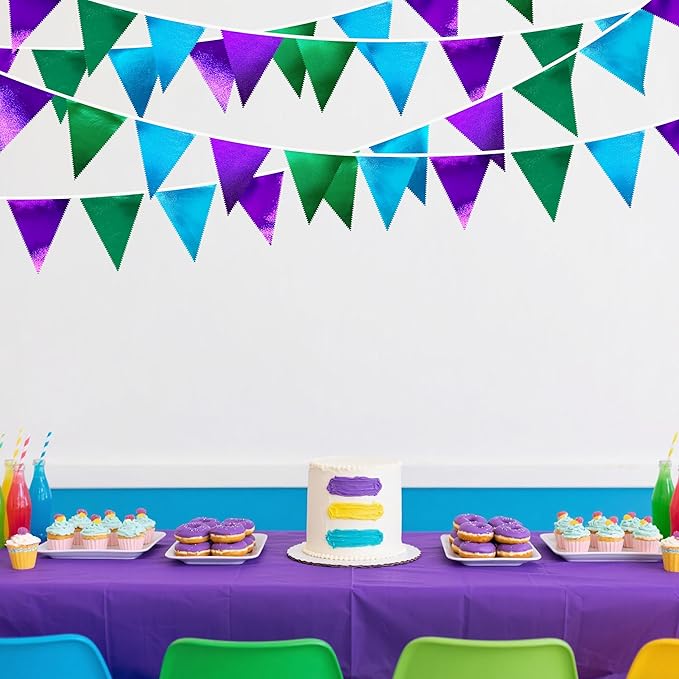 Blue Green Purple Party Decorations Metallic Fabric Triangle Pennant Banner Flag Bunting for Men Boys Video Game Theme Birthday Graduations Retirement Wedding Bachelor Baby Shower Party Supplies-VerdiqueGarden