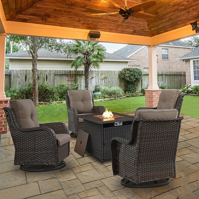 5 Pieces Patio Wicker Furniture Set - 4 Outdoor Swivel Rocker Glider Chairs with Propane Fire Pit Table, Warm Patio Conversation Set Grey Cushion Perfect for Casual Gathering-VerdiqueGarden