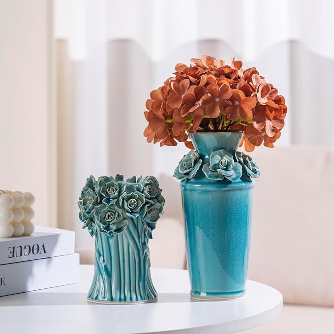 Handmade 3D Ceramic Flower Blue Bud Vase for Centerpieces, Decorative Blue Flower Vases for Wedding Reception, Home Decor, Living Room, Cottage Core Decor, Jarrones Decorativos para Sala 8.7 Inch-VerdiqueGarden