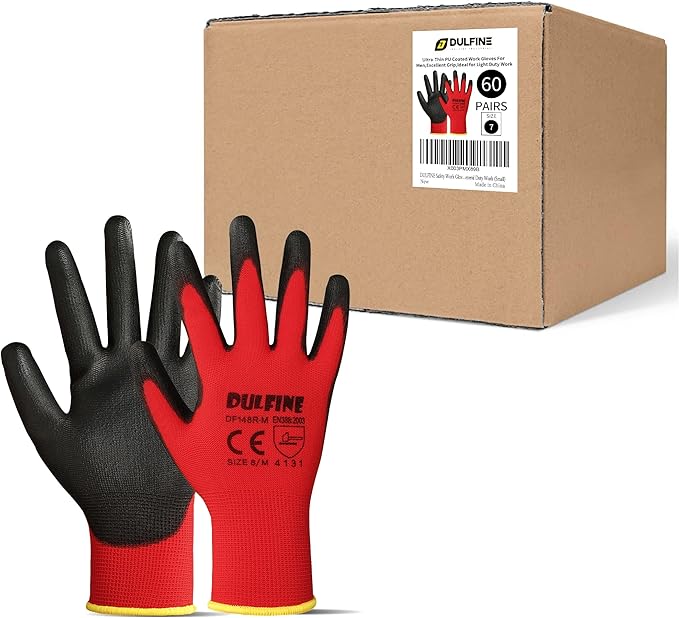 DULFINE Safety Work Gloves PU Coated-60 Pairs,Red Seamless Knit Glove with Polyurethane Coated Smooth Grip on Palm & Fingers, for Men and Women, Ideal for General Duty Work (XX-Large)-VerdiqueGarden