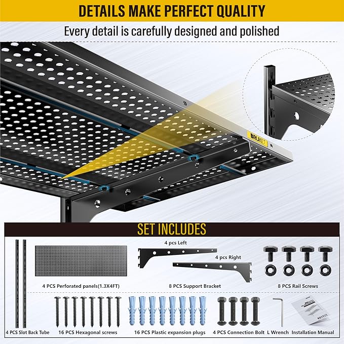 2-Pack 2 Tier 1.3x4ft Garage Shelving Wall Mounted, 800 lbs Load Capacity，15.6x48inch per Shelf Height Cassette Adjustable Floating Shelves(Black)-VerdiqueGarden