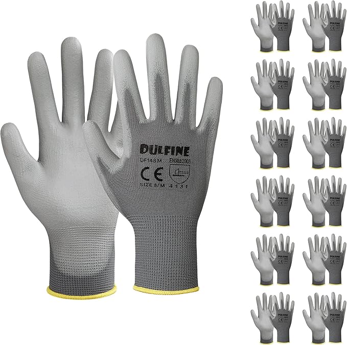 DULFINE Safety Work Gloves PU Coated-12 Pairs,Grey Seamless Knit Glove with Polyurethane Coated Smooth Grip on Palm & Fingers, for Men and Women, Ideal for General Duty Work (Small)-VerdiqueGarden