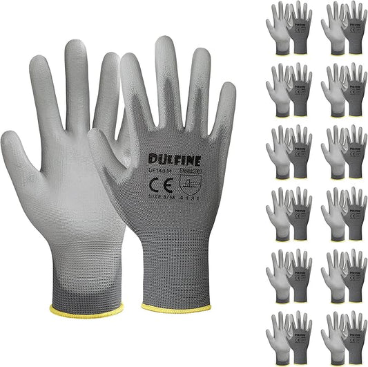 DULFINE Safety Work Gloves PU Coated-12 Pairs,Grey Seamless Knit Glove with Polyurethane Coated Smooth Grip on Palm & Fingers, for Men and Women, Ideal for General Duty Work (Small)-VerdiqueGarden