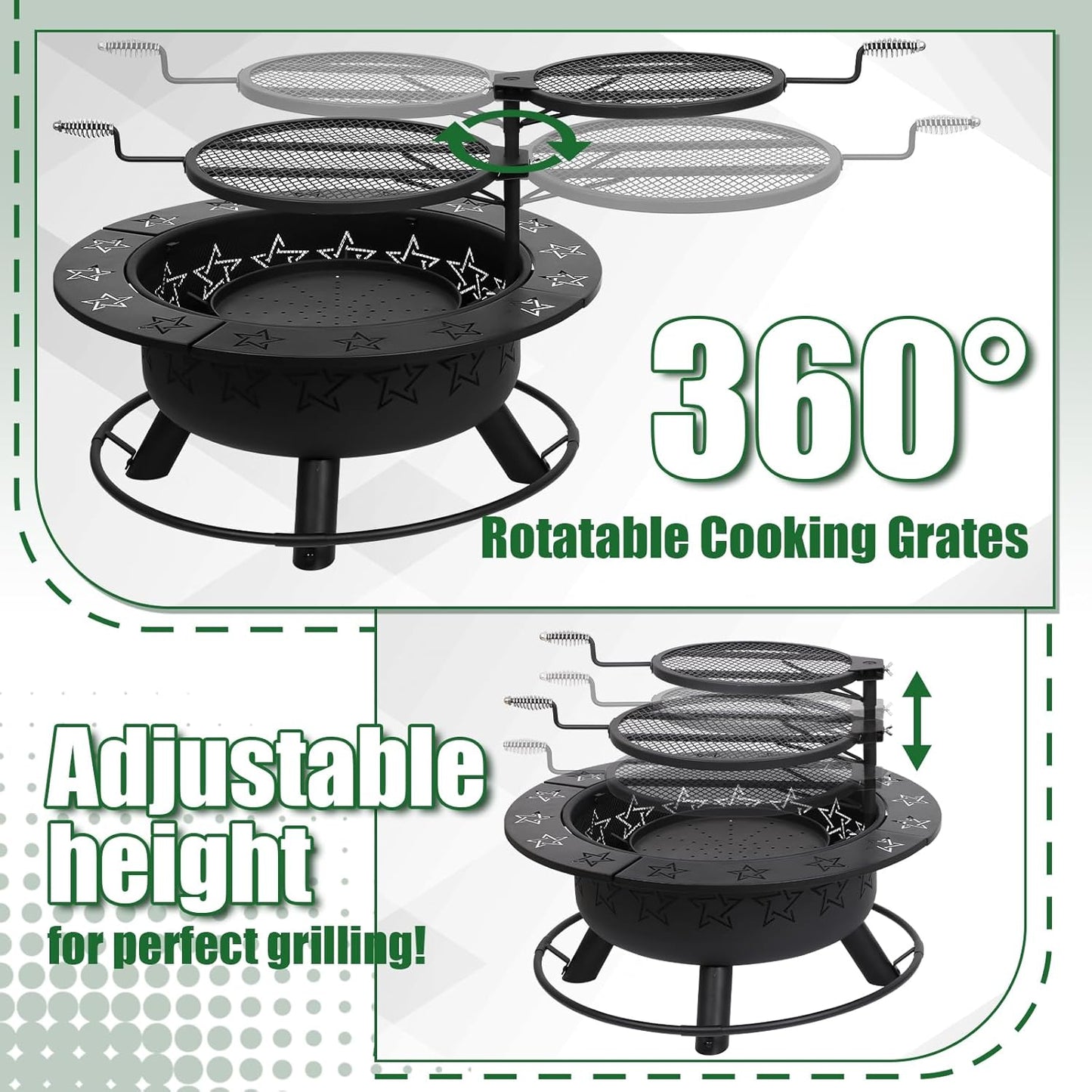 32.5" 3-in-1 Fire Pit Table with Dual Grills – Wood Burning Firepit for Outside Cooking, BBQ Grate & Round Patio Table – Includes Charcoal Pan, Log Rack,Poker & Lid for Backyard, Garden-VerdiqueGarden