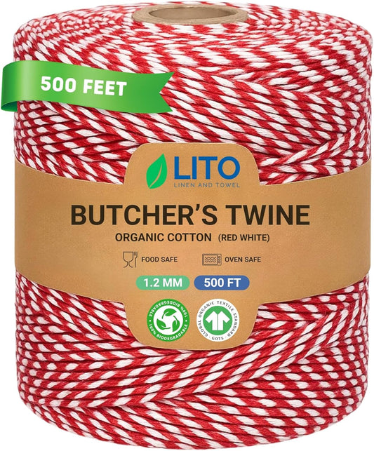 Red and White Organic Twine Cotton String - 500 Feet Wrapping, Baking, Butcher, Crafts, DIY Projects, Easter, Christmas-VerdiqueGarden