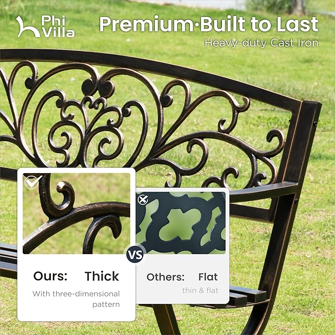 PHI VILLA 50Inch Cast Iron Steel Frame Garden Bench Patio Furniture Chair Outdoor Bench w/Floral Design Backrest, Slatted Seat for Park, Yard & Porch, Bronze-VerdiqueGarden