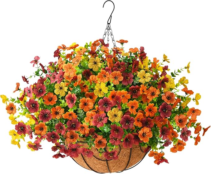 Artificial Fake Hanging Plants Flowers Basket, Faux Silk Daisy in Planter Realistic UV Resistant for Outside Home Patio Balcony Yard Spring Outdoor Decoration (Orange Brown Yellow)-VerdiqueGarden