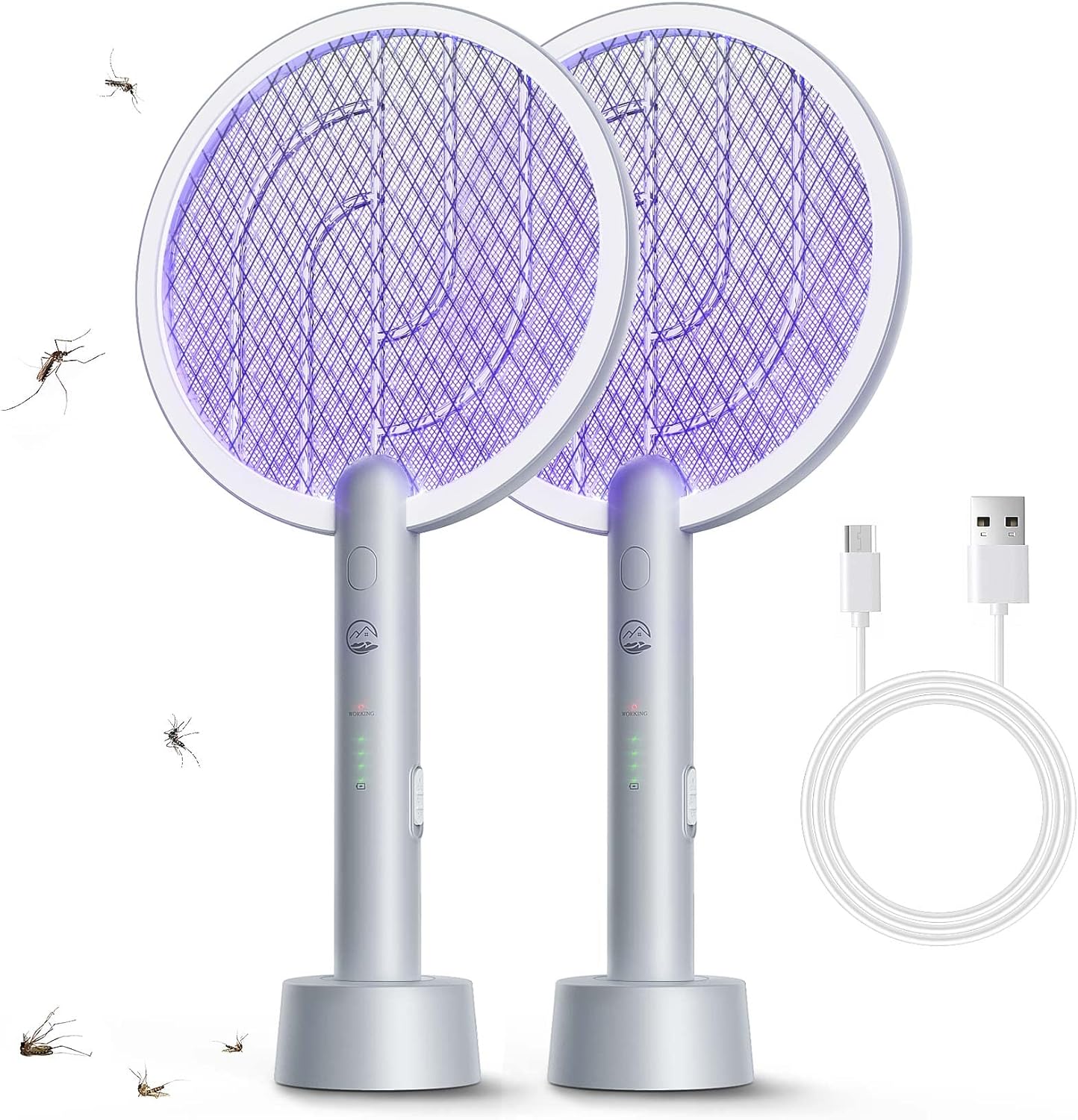 Electric Fly Swatter Racket, 2 in 1 Bug Zapper with USB Rechargeable Base, 4000 Volt Mosquito Killer with 3-Layer Safety Mesh for Pest Insect Control for Indoor、Office、Backyard、Camping（Gray-2 Pack）-VerdiqueGarden
