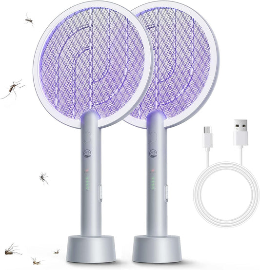 Electric Fly Swatter Racket, 2 in 1 Bug Zapper with USB Rechargeable Base, 4000 Volt Mosquito Killer with 3-Layer Safety Mesh for Pest Insect Control for Indoor、Office、Backyard、Camping（Gray-2 Pack）-VerdiqueGarden
