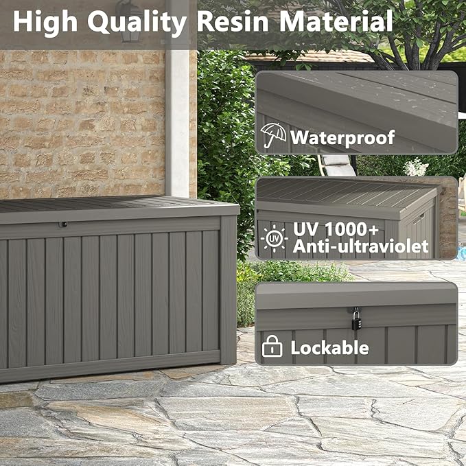 NUNU LAB 150 Gallon Outdoor Storage Box,Resin Large Sturdy Deck Box, Backyard Outside Storage Box Waterproof with Double Wall Panels,Package Delivery,Garden Outdoor Hose Bin-VerdiqueGarden