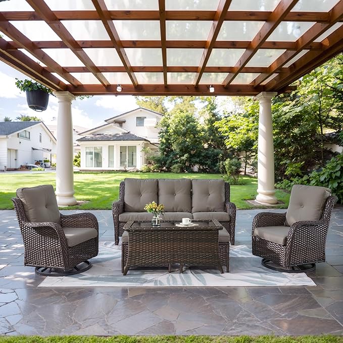 Wicker Outdoor Furniture Patio Furniture Set - 6 Piece Patio Conversation Set with Swivel Rocker Chairs, Rattan Sofa, Ottomans and Coffee Table, Gray Cushion-VerdiqueGarden