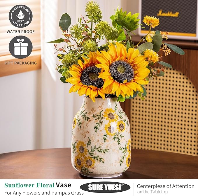 Sunflower Vintage Ceramic Yellow Floral Vase, Beige and Green Chinoiserie Home Decor for Fireplace Mantle, Table Centerpieces, Kitchen Counter, Tuscan, Cute Flower Vase for Living Room Office 7.8 Inch-VerdiqueGarden