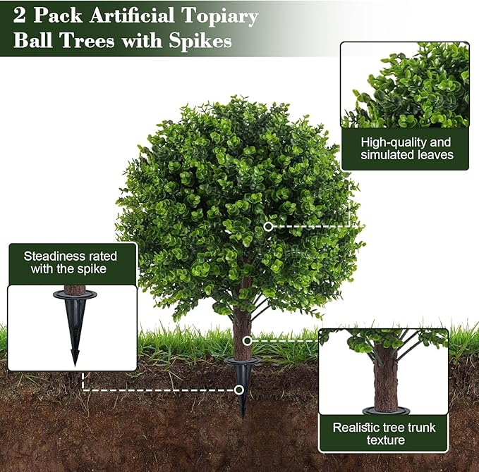 Artificial Boxwood Topiary Outdoor Plants with Spike, 2 Pack Faux Bushes UV Resistant Fake Shrubs for Front Porch Décor-VerdiqueGarden