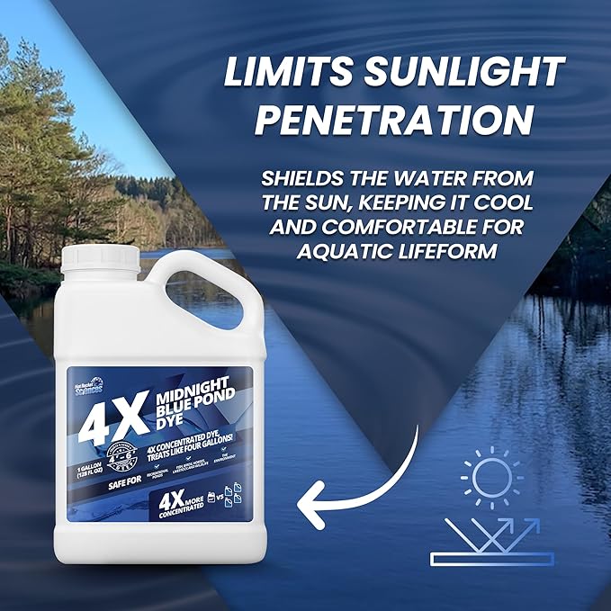 1 Gallon Midnight Blue Pond Dye, 4X Concentrate Pond Dye Blue, Dark Natural Looking Aquashade for Beautiful Lake Water, Long-Lasting Colorant, Protects Against Sunlight - Ideal for Fish & Wildlife-VerdiqueGarden
