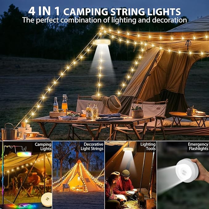 Camping String Lights, 4 in 1 Quick Storage 32.8FT Rechargeable Tent Lights with 6 Modes Hanging Waterproof Camp Lamp Camping Essentials for AwnTent Hiking Garden Bedroom Festival (Warm White)-2Pack-VerdiqueGarden