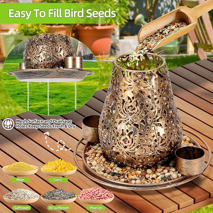 Mushroom Solar Bird Feeders for Outdoors Hanging Metal Wild Bird Feeder Garden Lantern with S Hook for Garden Decoration Brown-VerdiqueGarden