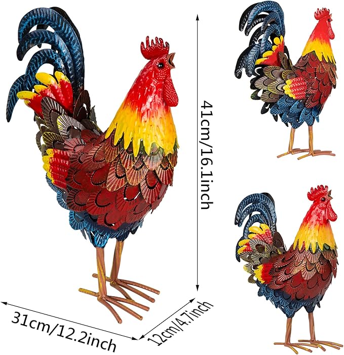 XONOR Metal Rooster Statues, Garden Chicken Decorations, Outdoor Chicken Sculpture, Metal Yard Rooster Artwork for Outdoor, Patio, Backyard and Home Kitchen Decoration (1pc, Blue Red)-VerdiqueGarden