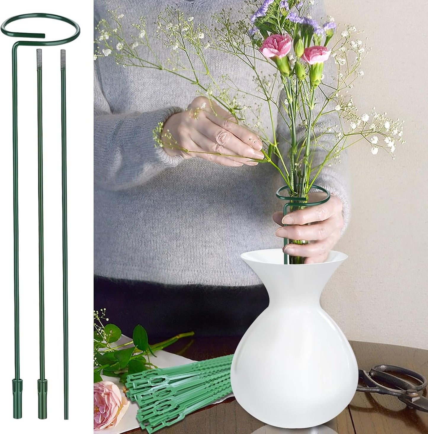 Huakaile 4 Packs Adjustable 35.4" Plant Stakes and Supports with 30 Pieces 9" Twist Ties, Green Plant Holder Stick Outdoor Indoor, Metal Flower Support Stakes Rings for Gardens Vegetables (90 cm)-VerdiqueGarden