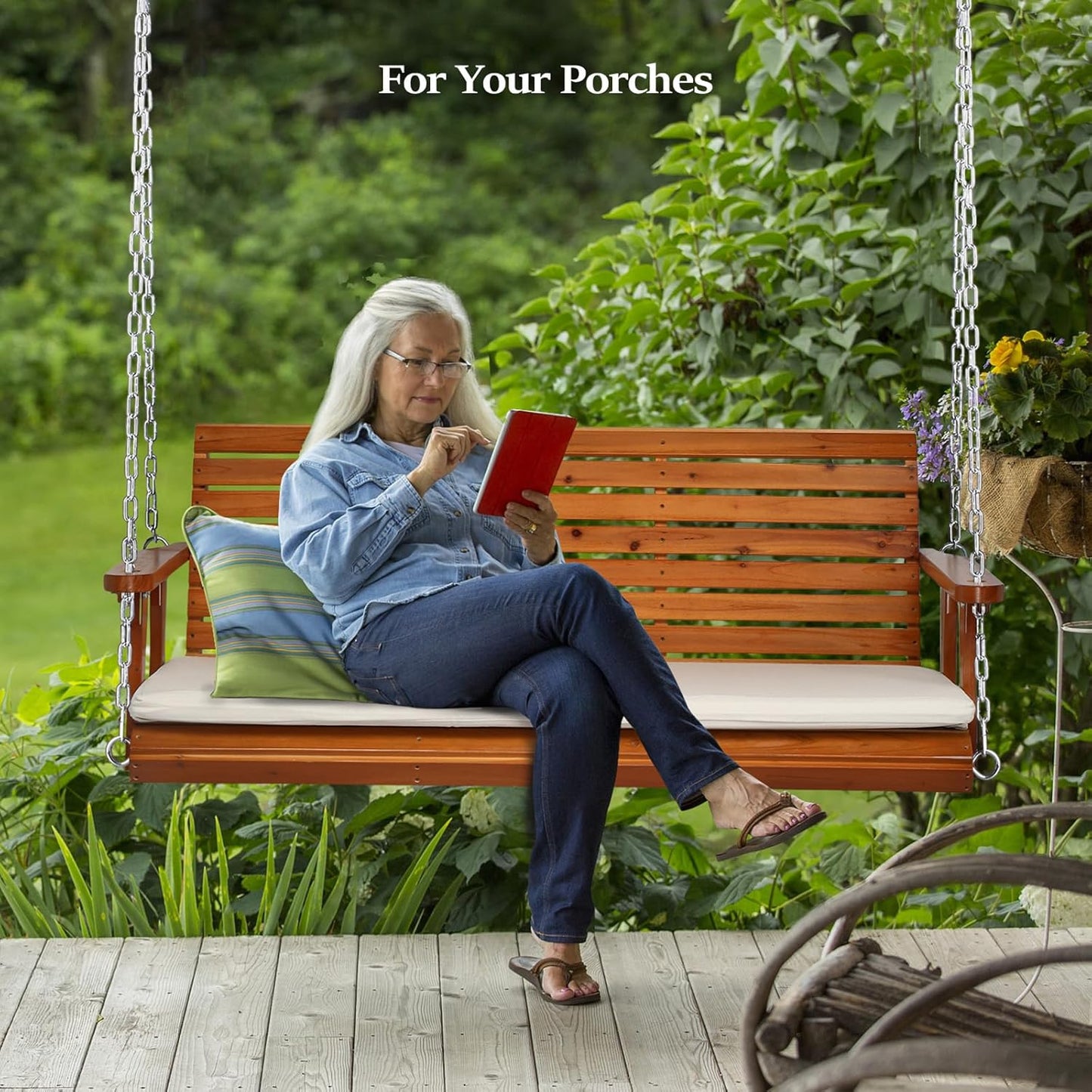 VINGLI Heavy Duty 880 LBS Patio Wooden Porch Swing Outdoor with Extra Cushion, Farmhouse Hanging Bench Tree Swing with Adjustable Chains for Yard | Garden | Lawn | Balcony (5 FT, Brown)-VerdiqueGarden