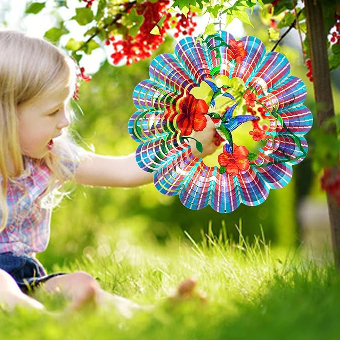 Hummingbird Wind Spinner - Hummingbird Gift for Women Men, Metal Wind Spinners for Outdoor & Indoor Decoration 12in 3D Hanging Bird Wind Catcher Unique Garden Decor Kinetic Yard Art Ornament-VerdiqueGarden