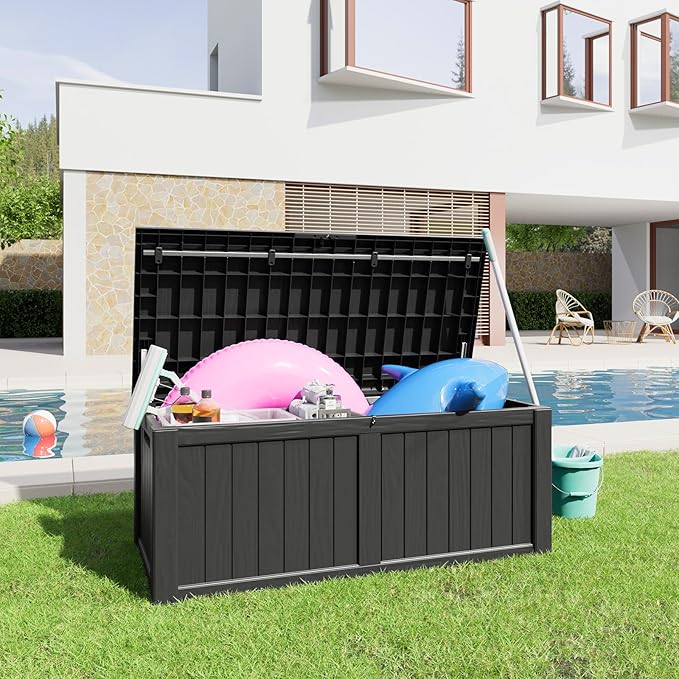 120 Gallon Resin Deck Box, Lockable Patio Outdoor Storage Box for Furniture, Garden Tools and Tools Storage, Waterproof Outside Storage Boxes - Black-VerdiqueGarden
