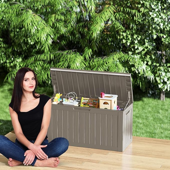 80 Gallon Waterproof Deck Storage - Compact Patio Storage Box & Pool Deck Box, All-Weather Resin Chest with Lock for Cushions & Tools, UV-Resistant, Slate Grey-VerdiqueGarden