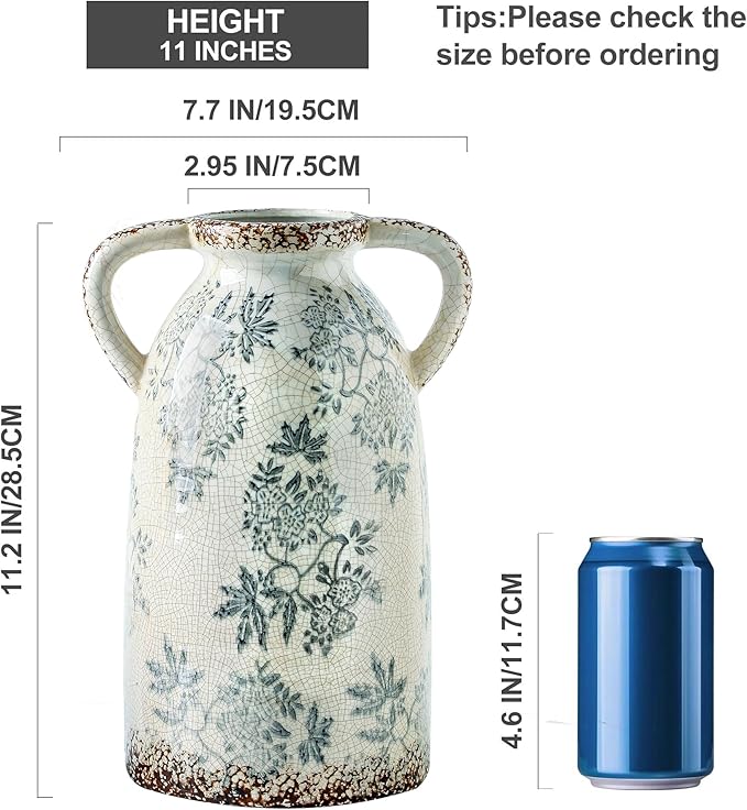 Enra Tall Vintage Blue and White Ceramic Vase with Handle, 11.2 Inch Chinoiserie Decorative Floral Vase, Large Rustic Ceramic Vase for Living Room, Office, Bookshelf, Home Decor-VerdiqueGarden