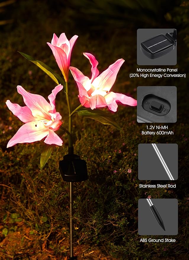 Brightown Solar Lights Outdoor, 4 Pack Solar Garden Lights with Larger & More Realistic Lily Flowers, Waterproof Outdoor Solar Lights for Yard Patio Lawn Pot Decoration-VerdiqueGarden