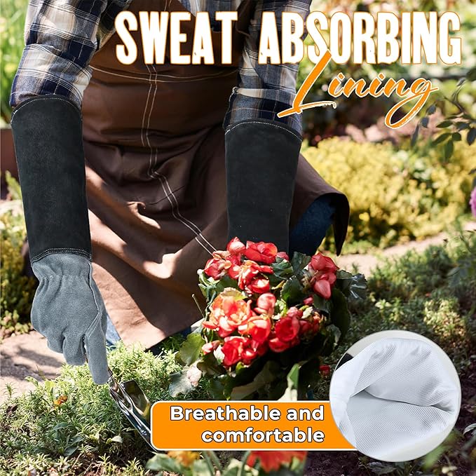 HANDLANDY Long Gardening Gloves for Men & Women, Cowhide Leather Rose Pruning Gloves, Breathable Thorn Proof Gauntlet Glove (Dark Grey-Black, M)-VerdiqueGarden