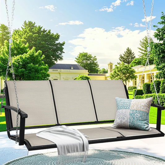 Textilene 3 Seat Hanging Swing, 5.2FT Patio Bench Swing, 660lbs Heavy Duty Outdoor Porch Swing with Hanging Chains for Courtyard, Garden, Tree, Yard-VerdiqueGarden