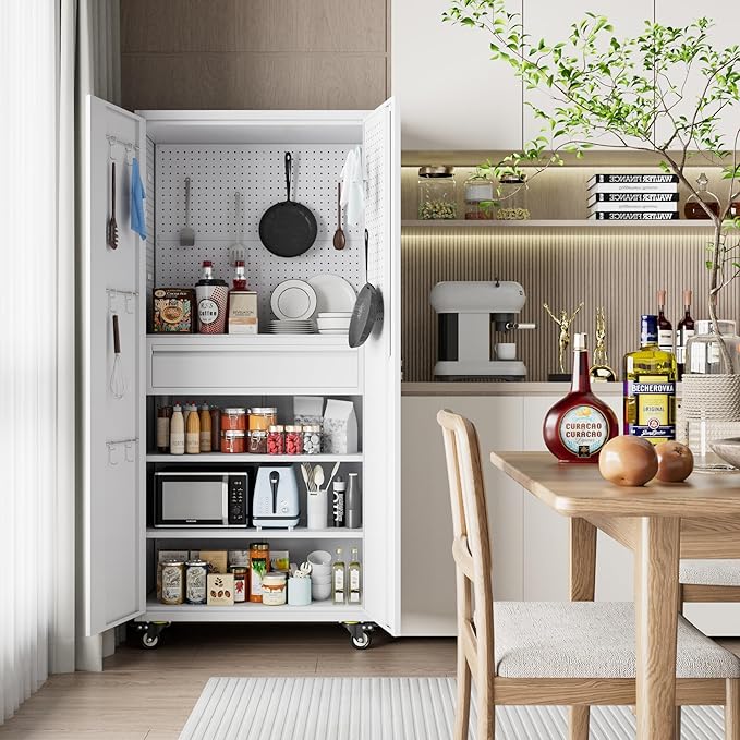 Metal Garage Cabinet with Wheels,71''H Rolling Lockable Steel Tool Cabinet with Pegboard & Drawer for Garage,Home,Office Assembly Required,White-VerdiqueGarden