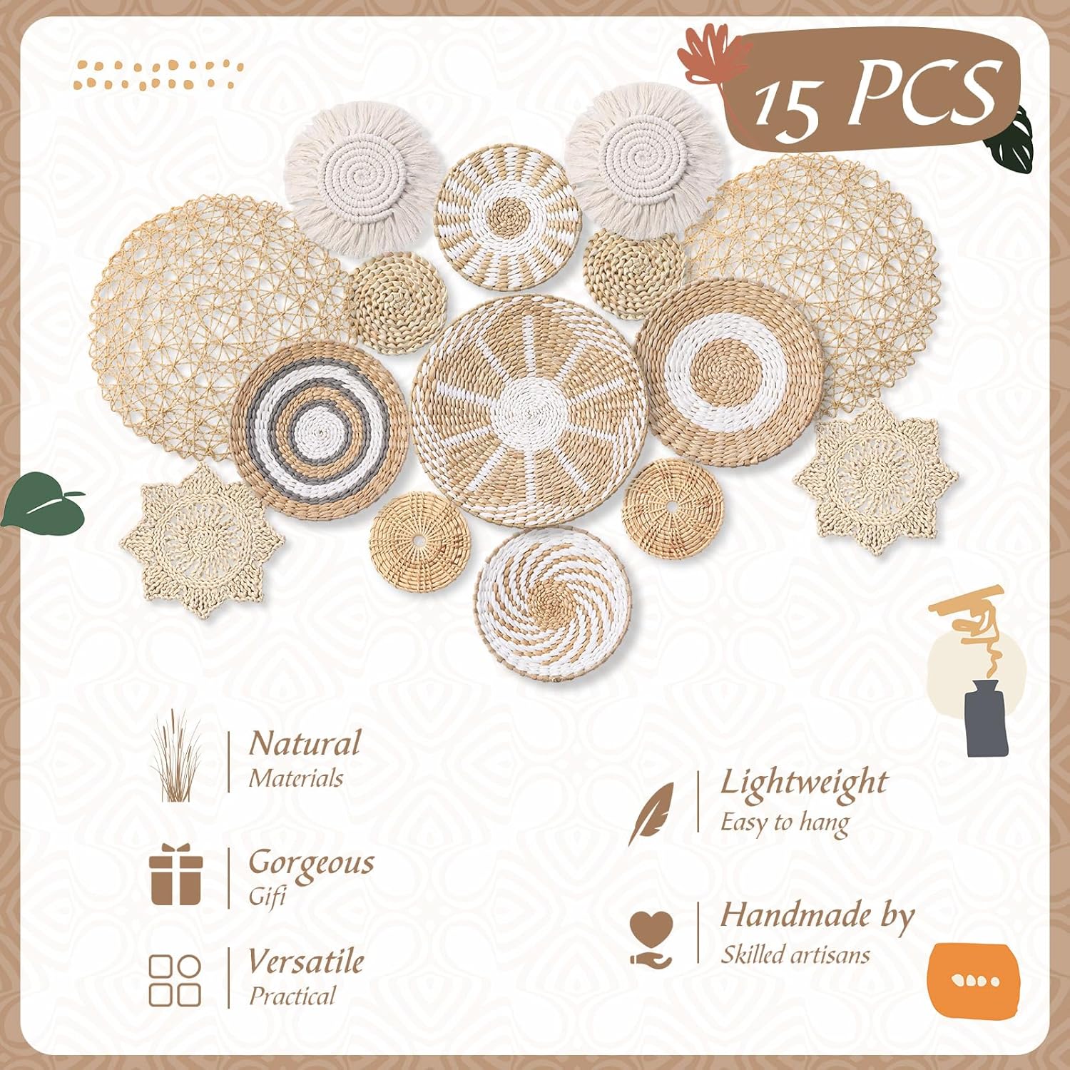 15 Pcs Boho Wall Basket Decor Woven Rattan Seagrass Wall Decor Hanging Rustic Farmhouse Western Art Decoration for Nursery Living Room Bedroom Home Kitchen(Grey White Style)-VerdiqueGarden