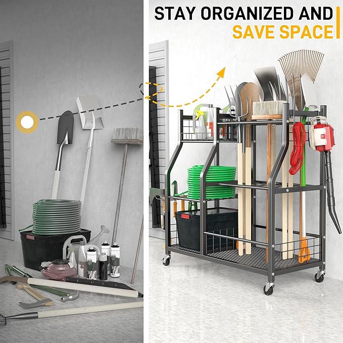 Ultrawall Garden Tool Organizer, Yard Tool Storage Rack for Garage Organization with Lockable Wheels, Garden Tool Stand for Rake, Brooms, Indoor & Outdoor Use-VerdiqueGarden