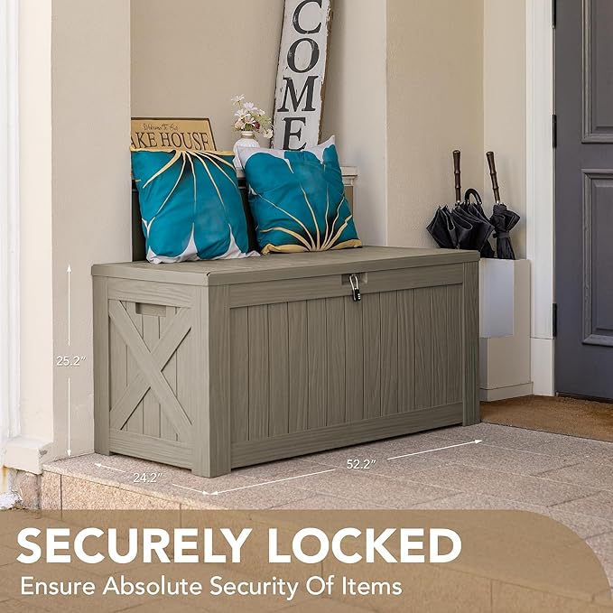 Devoko 120 Gallon Deck Box Resin Outdoor Storage Box Waterproof for Patio, Large Outdoor Storage Bench Lockable for Outside (Brown)-VerdiqueGarden