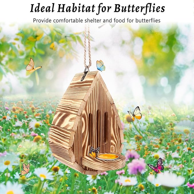 Wooden Butterfly House and Feeder, Hanging Butterfly House for Garden, Natural Butterfly Habitat with Butterfly Puddler for Outside Butterflies, Moths - Backdoor, Easy to Clean-VerdiqueGarden
