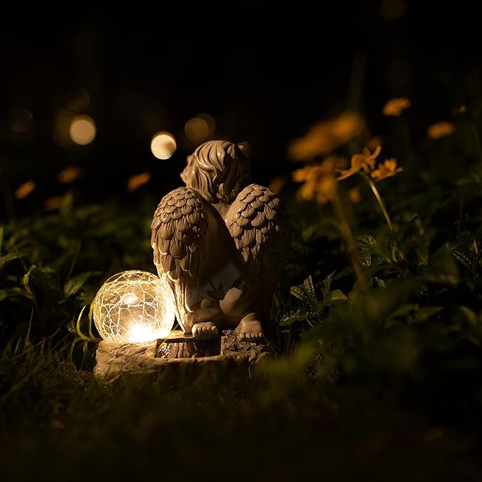Angel Decor Praying Cherubs Statue, Garden Decor with Solar Crackle Glass Globe for Lawn Patio Decorations-VerdiqueGarden