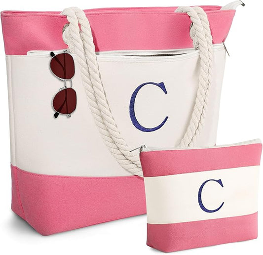 YOOLIFE Beach Bags for Women - Initial Tote Waterproof Bag with Makeup Bag, Mothers Day Gifts for Women Mom Friend Birthday-VerdiqueGarden