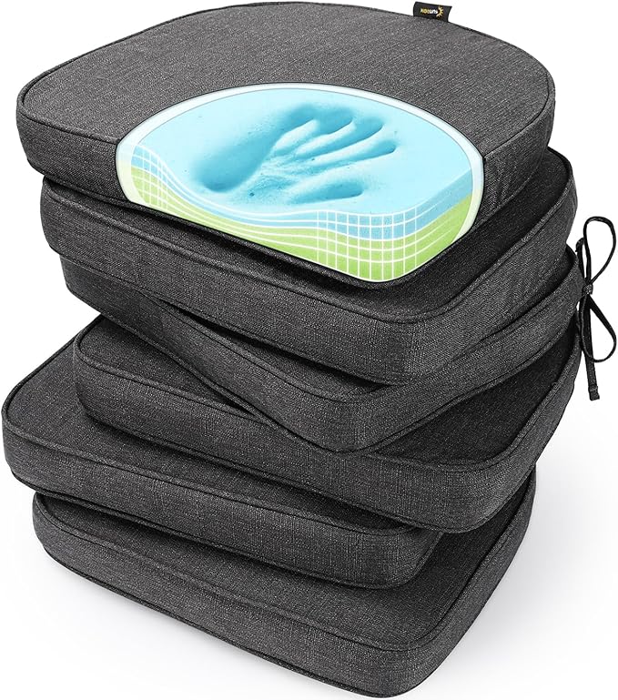 SUNROX Gel Memory Foam Chair Cushions, FadeShield Water-, Stain-Resistant Durable Reversible Seat Cushion Pads with Ties for Indoor/Outdoor Kitchen Dining Office 17"x16" Set of 6, Midnight-VerdiqueGarden